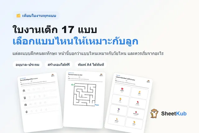 การ์ดสรุปใบงานเด็ก 17 แบบของ SheetKub พร้อมตัวอย่างใบคัดพยัญชนะไทย ใบเขาวงกต และแฟลชการ์ดคำศัพท์ผลไม้
